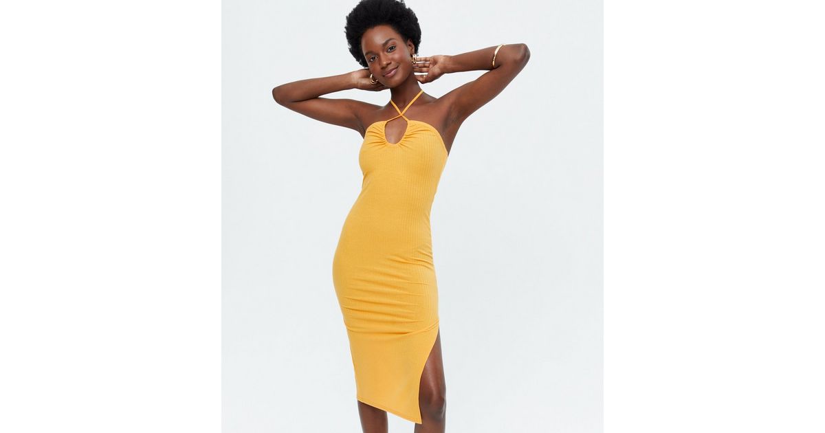 Yellow Ribbed Cut Out Halter Midi Dress | New Look