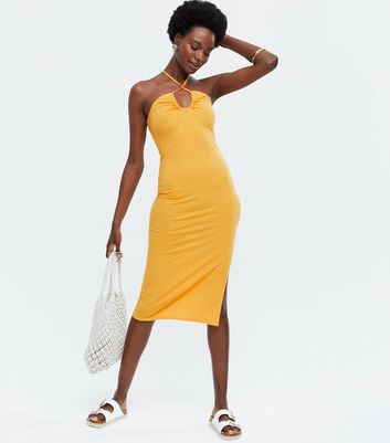 yellow ribbed midi dress