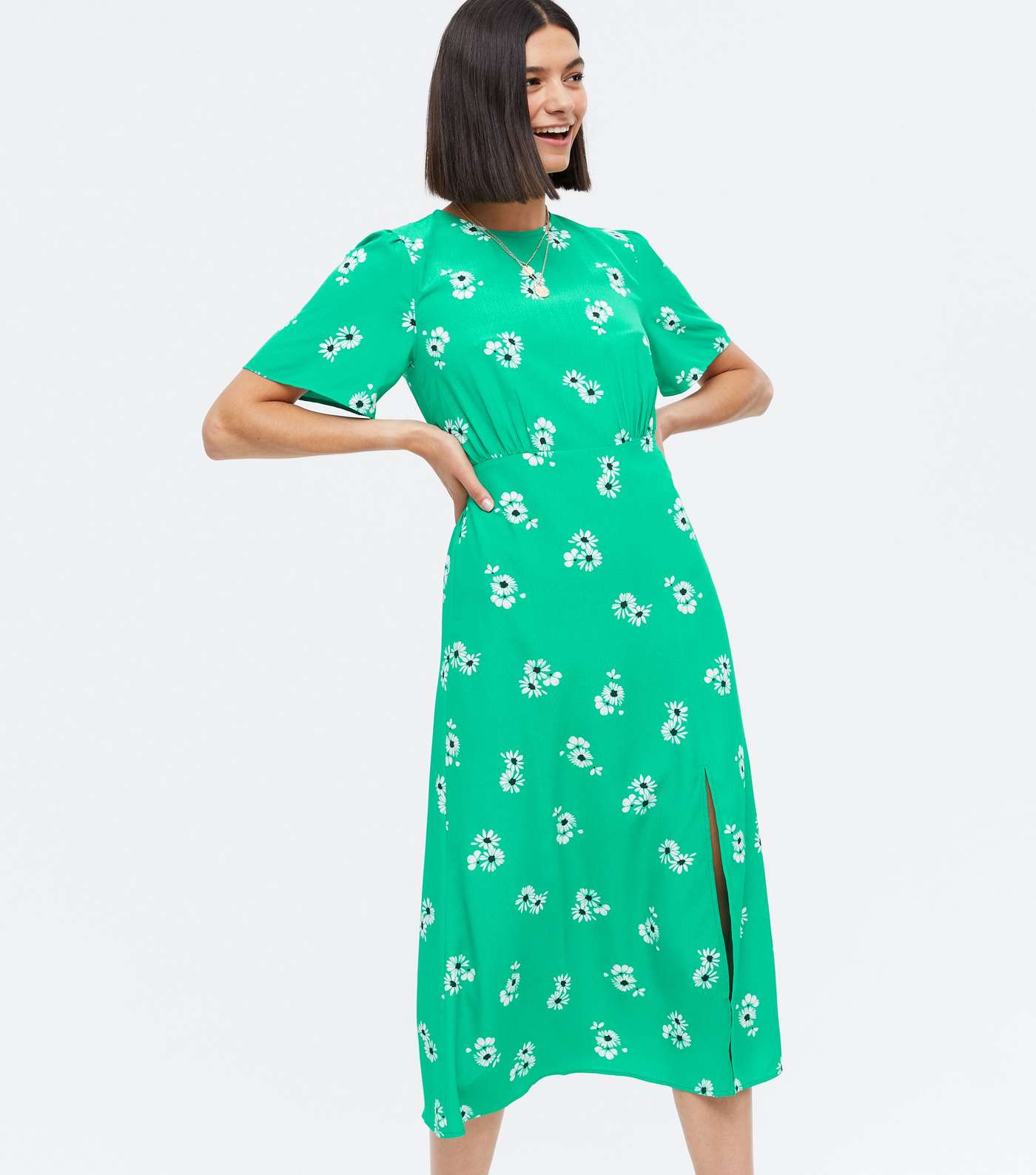 Green Daisy Flutter Sleeve Split Midi Dress