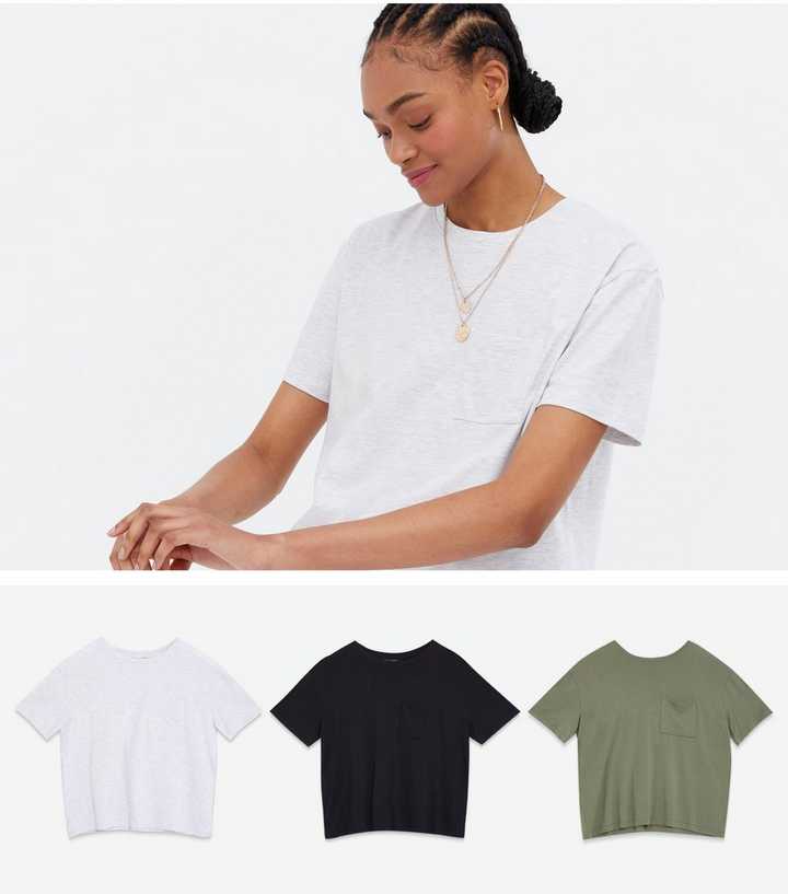 3 Pack Khaki Black and White Boxy T-Shirts