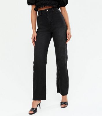 High Waist Raw Hem Straight Jeans 