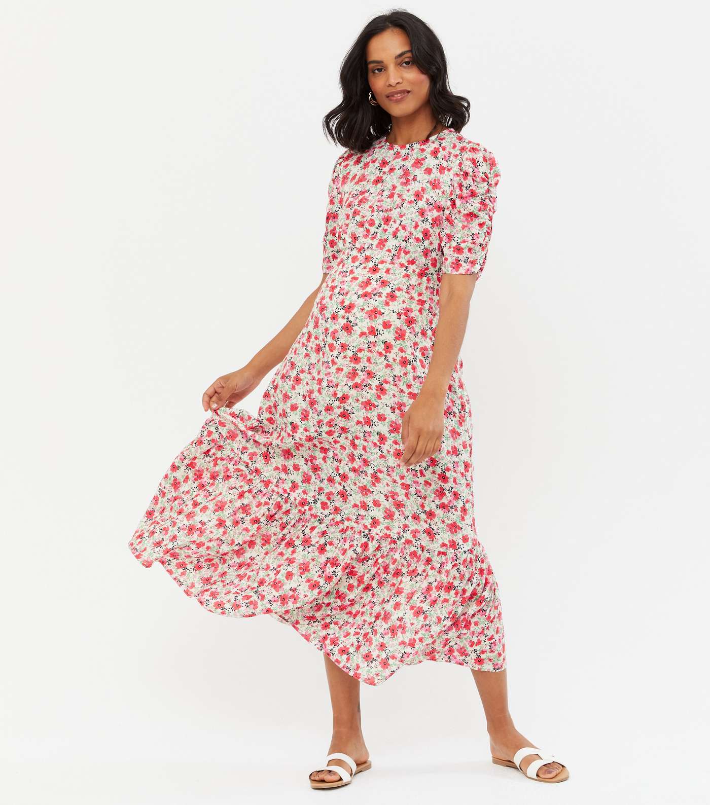 Maternity White Floral Ruched Puff Sleeve Midi Dress