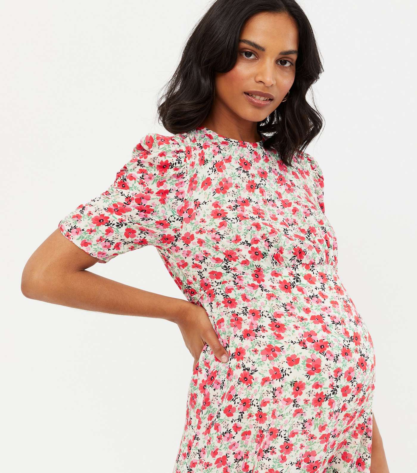 Maternity White Floral Ruched Puff Sleeve Midi Dress Image 3