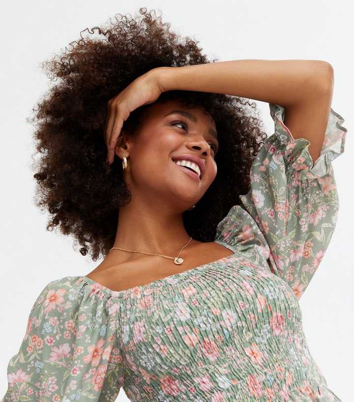 Green Floral Shirred Square Neck Frill Blouse 