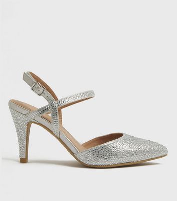 Wide Fit Silver Diamanté Pointed Court Shoes | New Look