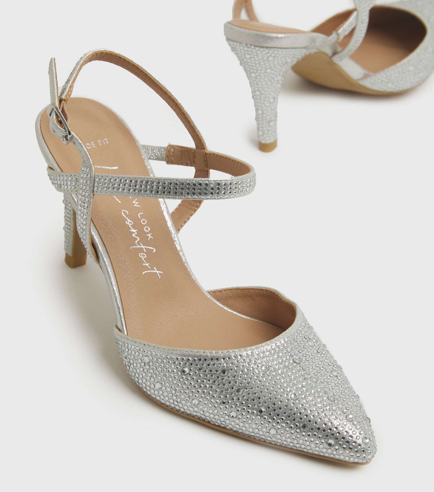 Wide Fit Silver Diamanté Pointed Court Shoes Image 3