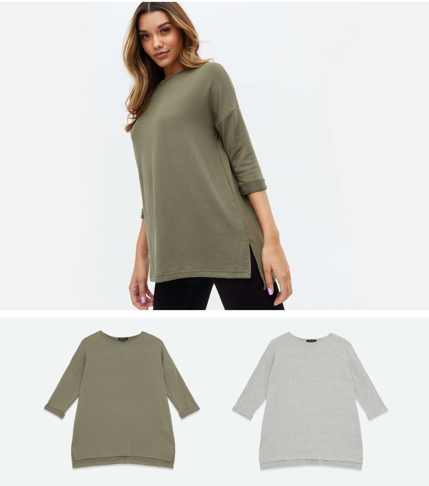 2 Pack Khaki and Grey Fine Knit 3/4 Sleeve Long Tops