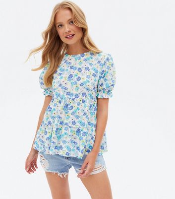 Blue Floral Puff Sleeve Tiered Peplum Blouse New Look