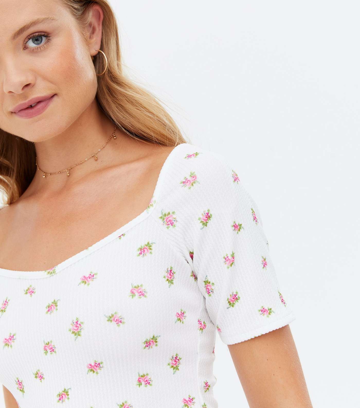 White Floral Ribbed Square Neck T-Shirt Image 3