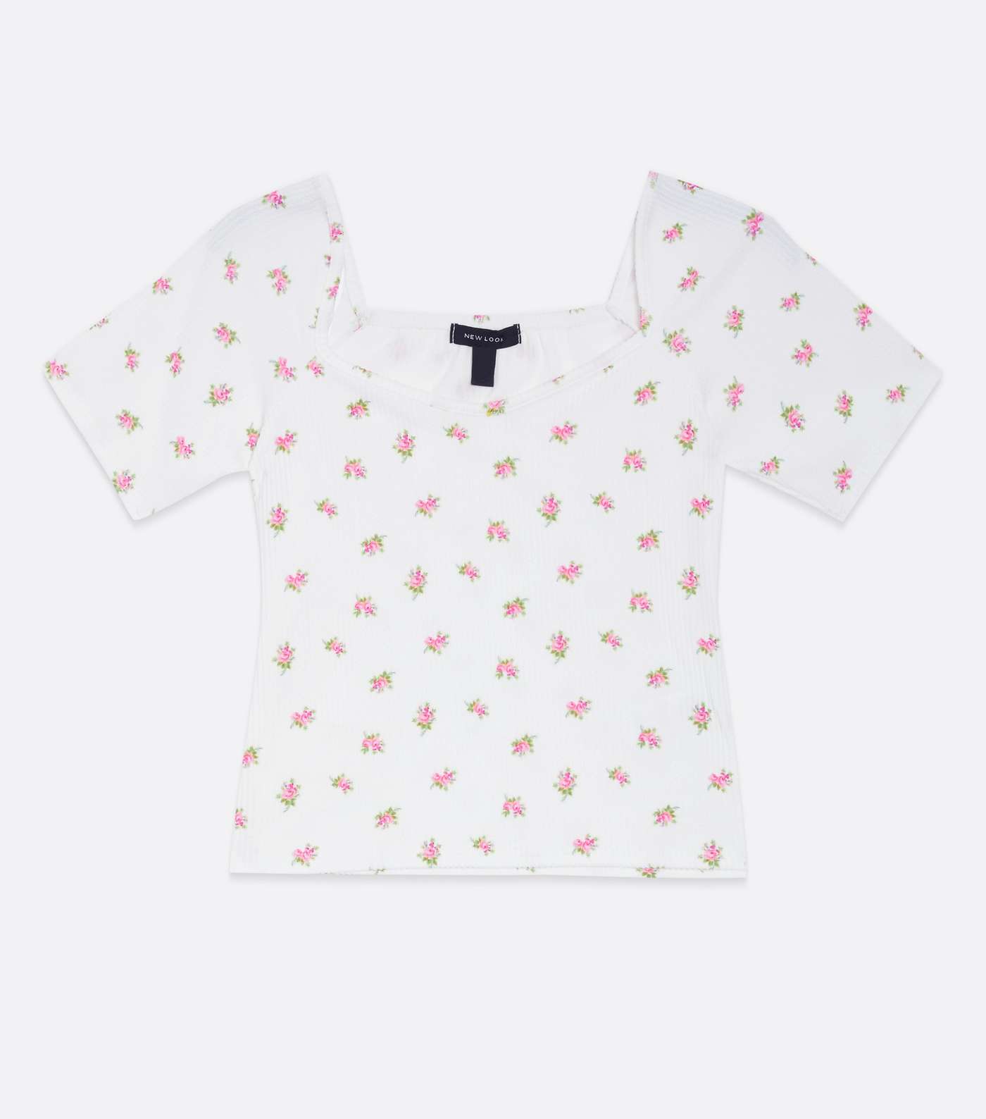 White Floral Ribbed Square Neck T-Shirt Image 5