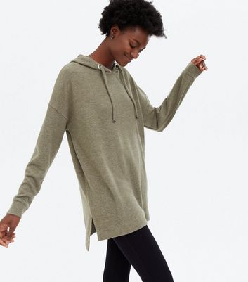 Khaki Fine Knit Long Hoodie New Look