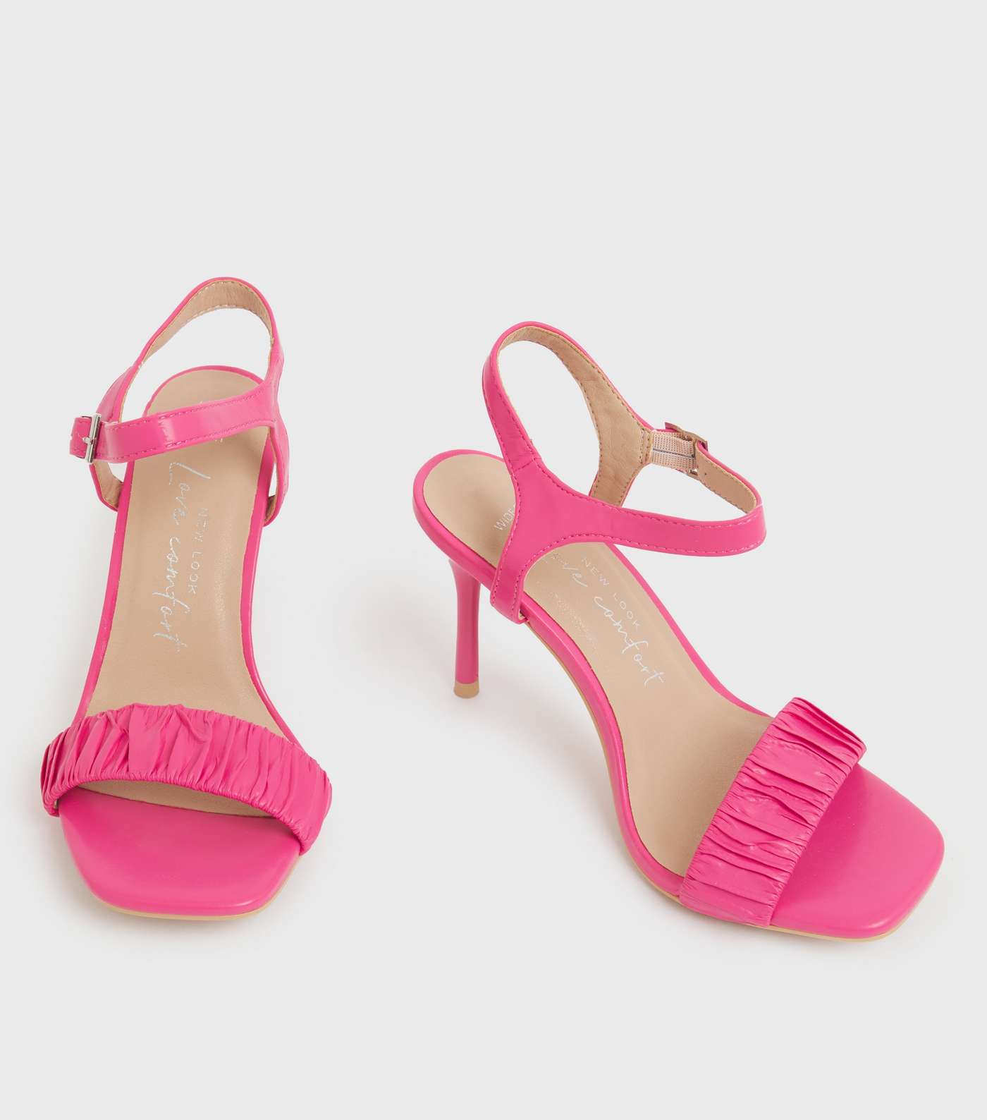 Wide Fit Bright Pink Ruched Strap Stiletto Heel Sandals Image 3