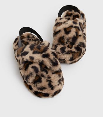 Stone Leopard Print Faux Fur Slingback Chunky Slider Slippers New Look Vegan