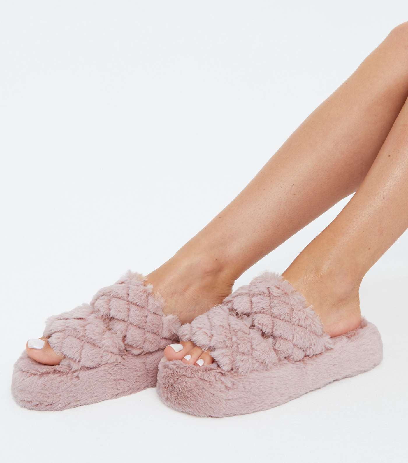 Pink Quilted Faux Fur Slider Slippers