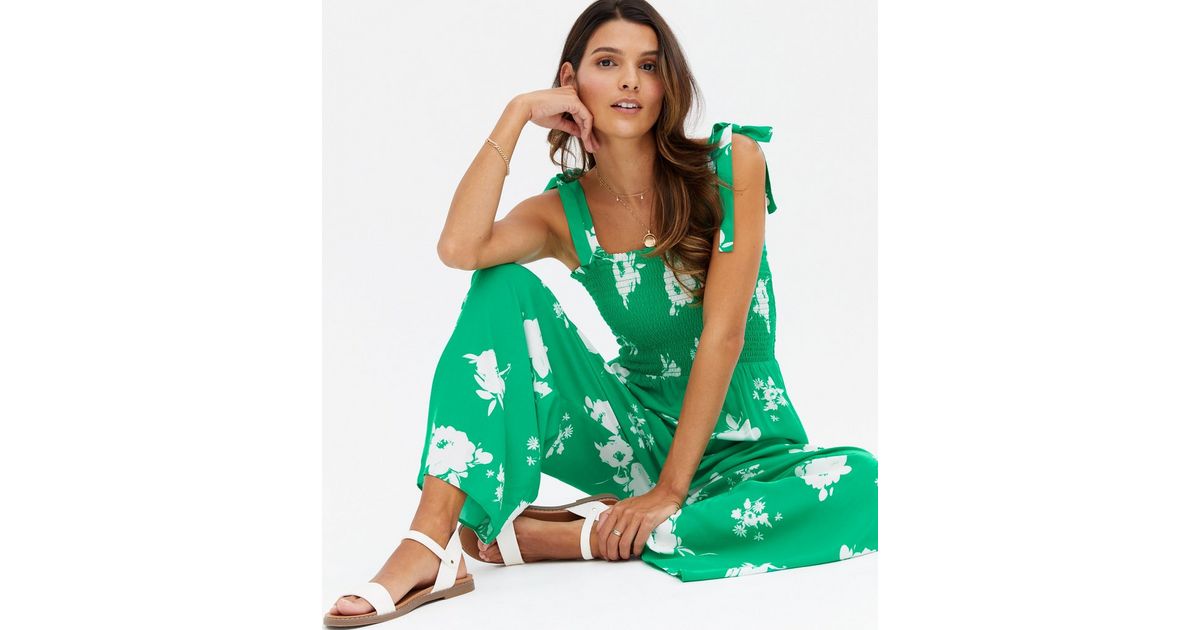 Tie strap shirred bodice tiered wide leg jumpsuit