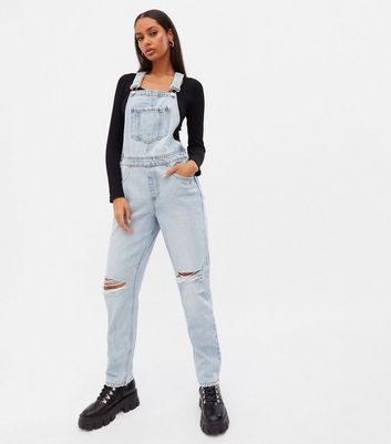 Blue Ripped Knee Relaxed Fit Dungarees 