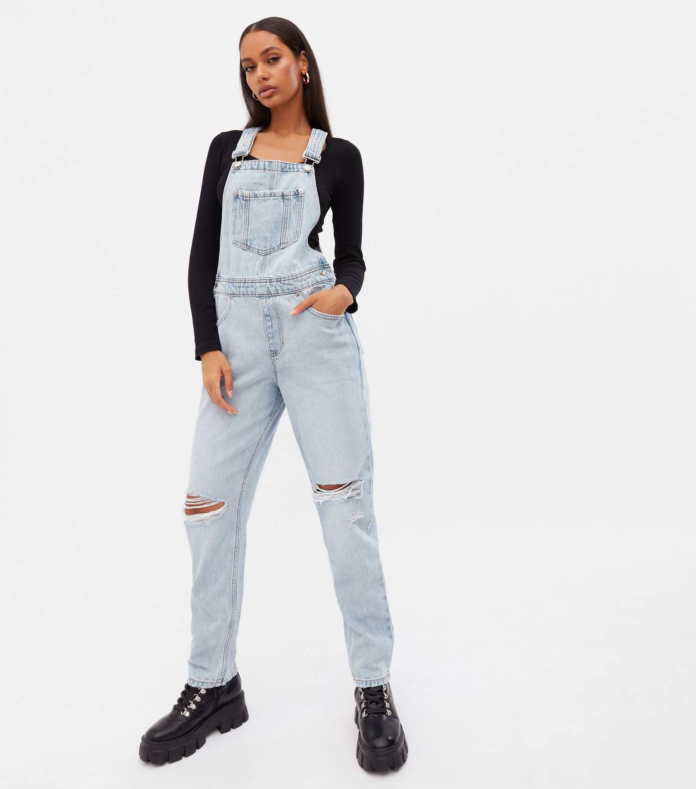 Blue Ripped Knee Relaxed Fit Dungarees Image 2