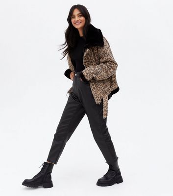Brown Leopard Print Denim Aviator Jacket New Look