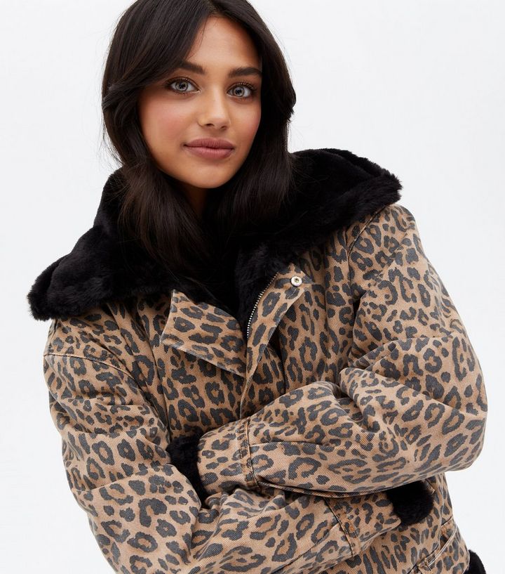 Brown Leopard Print Denim Aviator Jacket | New Look Brown Leopard Print Denim Aviator Jacket | New Look