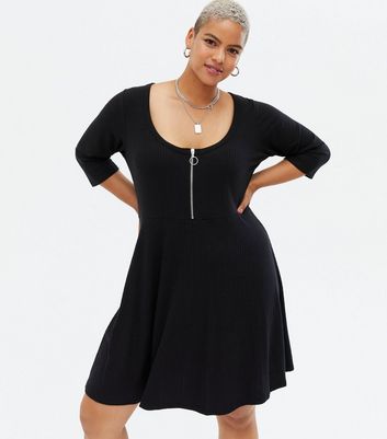 Curves Black Ribbed Zip Skater Dress New Look