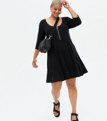 Curves Black Ribbed Zip Skater Dress 