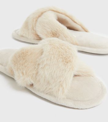 shop for Off White Faux Fur Cross Strap Slider Slippers New Look Vegan at Shopo