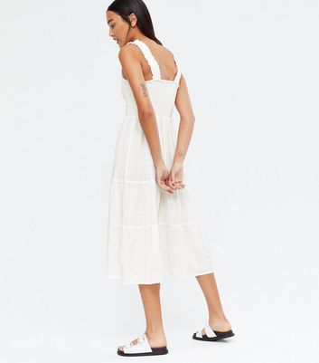 new look shirred midi dress in off white