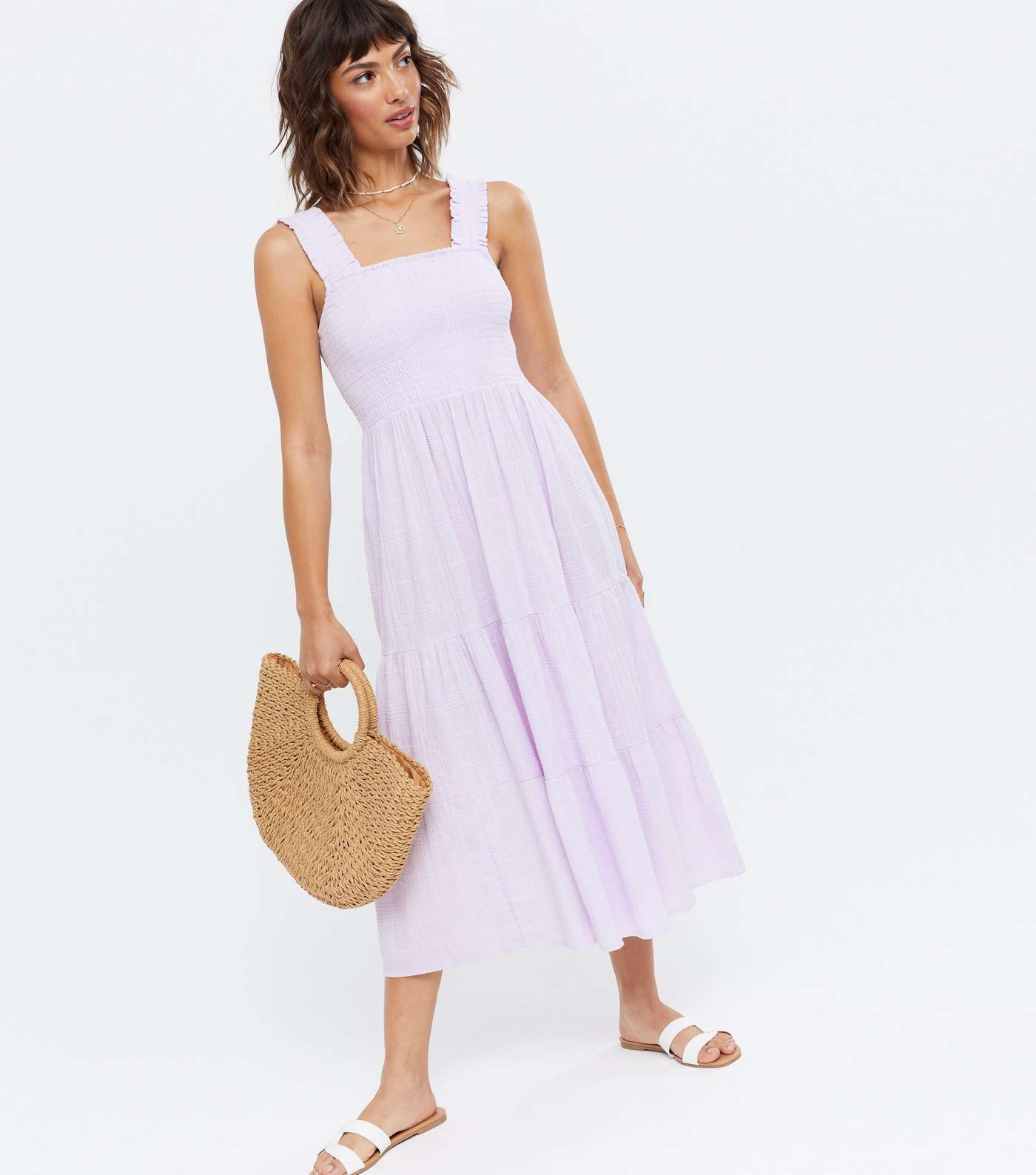 Lilac Shirred Tiered Midi Dress