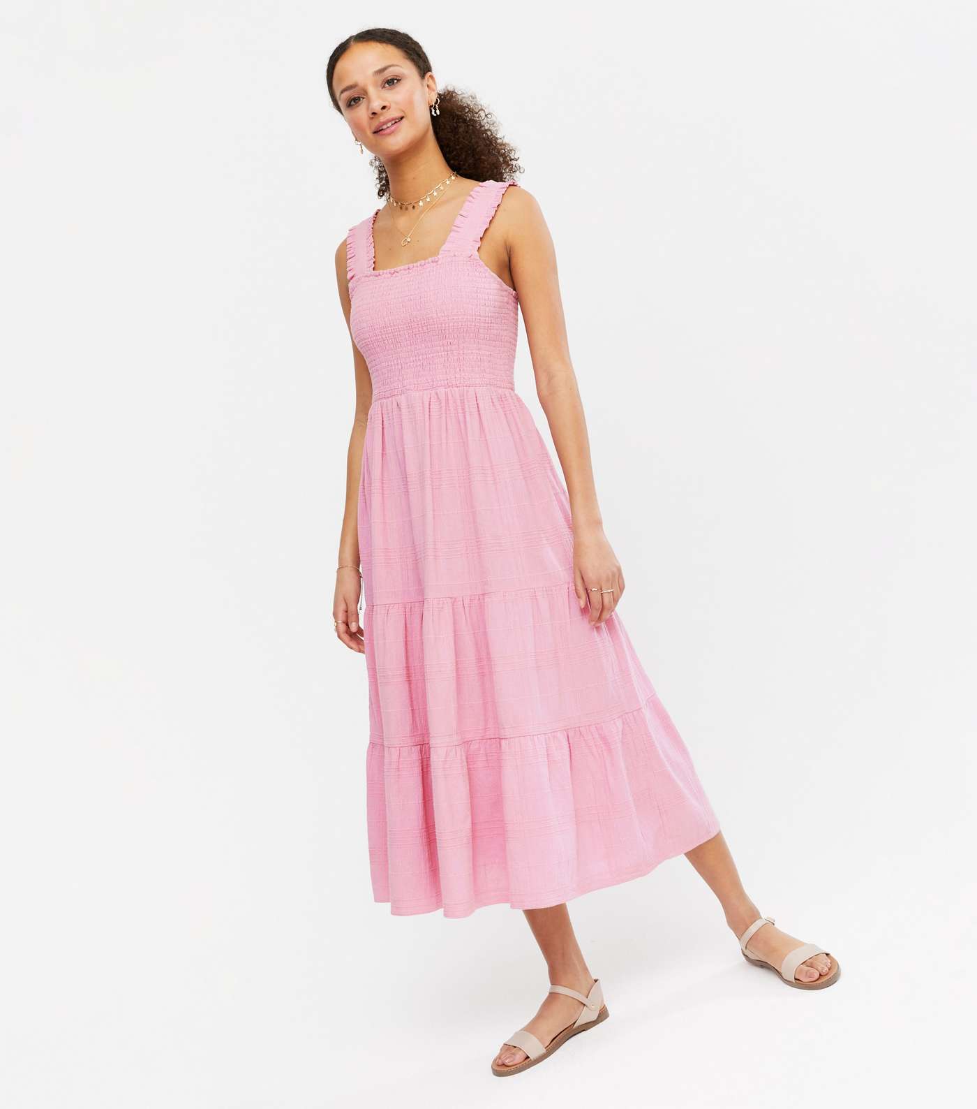 Mid Pink Shirred Tiered Midi Dress Image 2