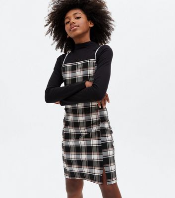 Girls Black Check Square Neck Mini Dress