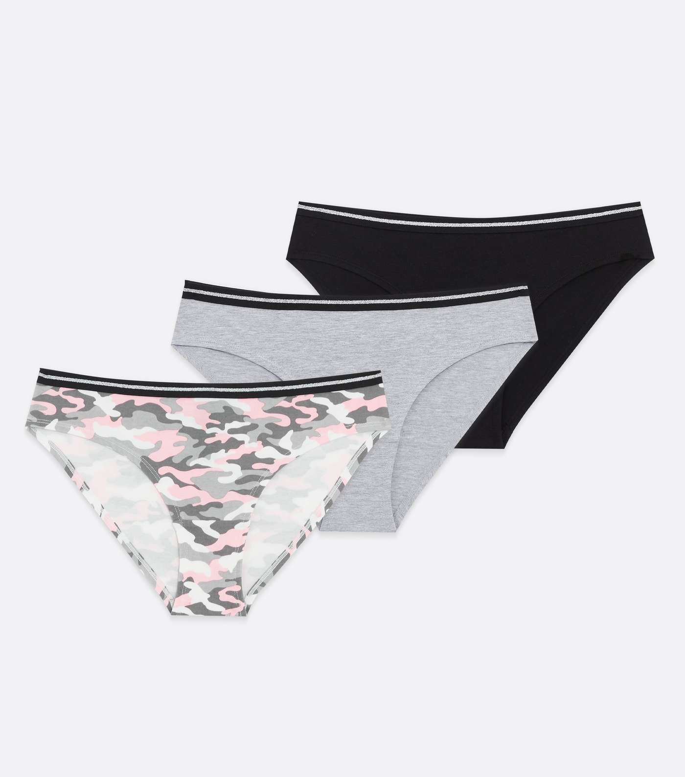 Girls 3 Pack Grey Black and Pink Camo Stripe Briefs Image 2