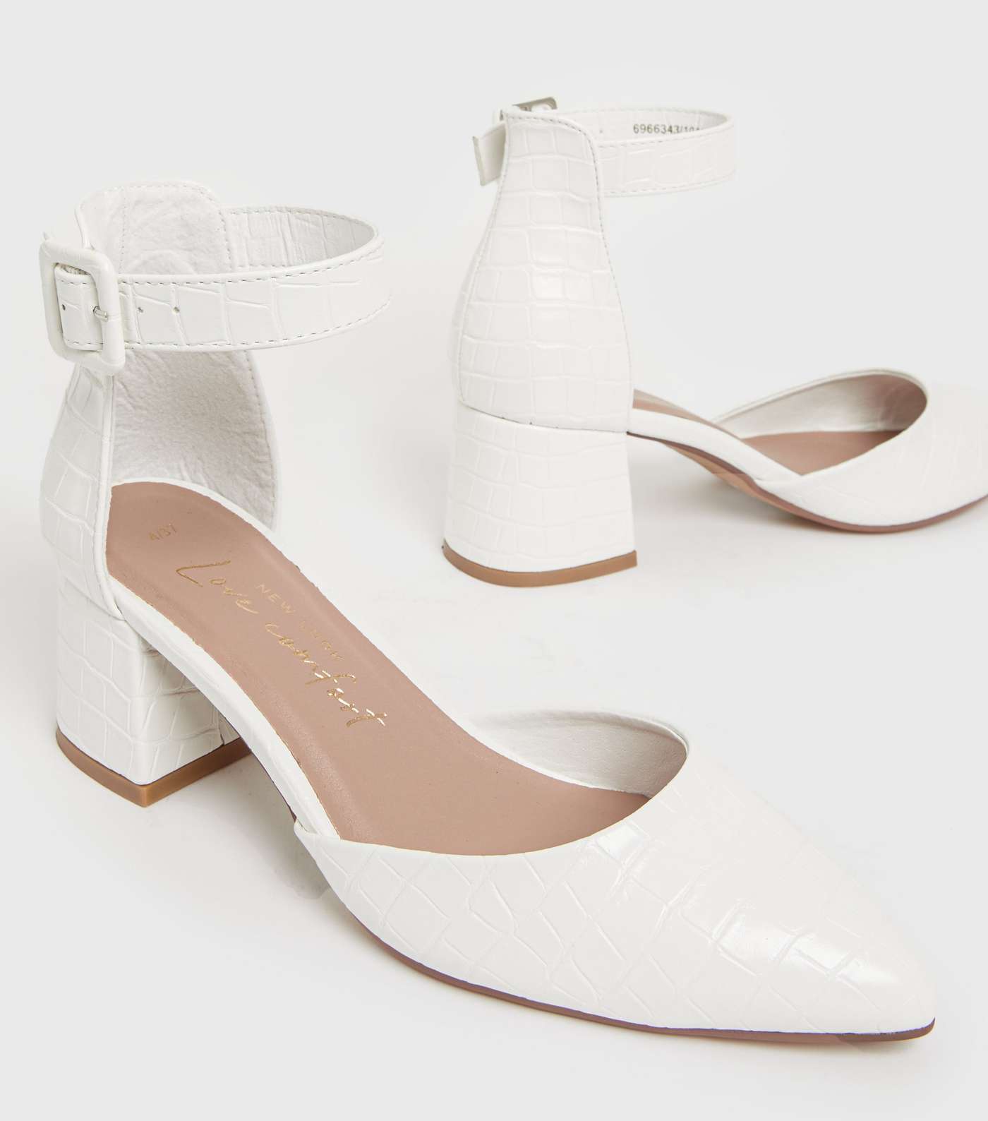 White Faux Croc 2 Part Block Heel Court Shoes Image 3