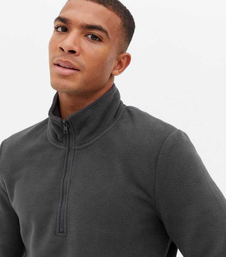 Dark Grey Fleece Zip High Neck Sweatshirt | New Look