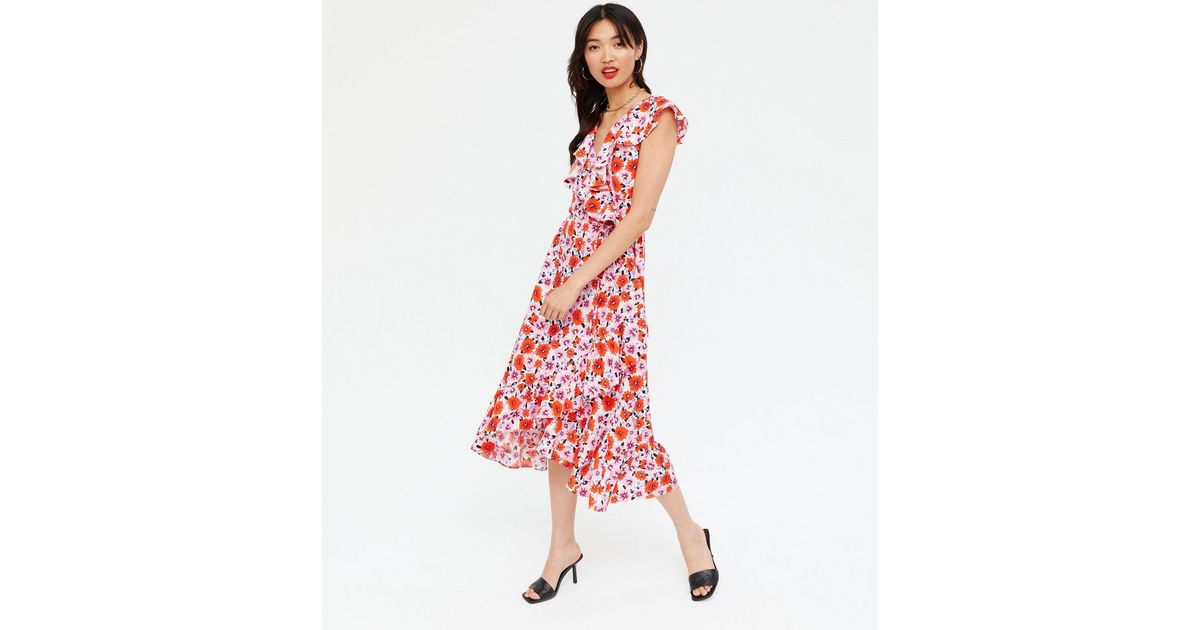 Cameo Rose Pink Floral Ruffle Wrap Midi Dress | New Look