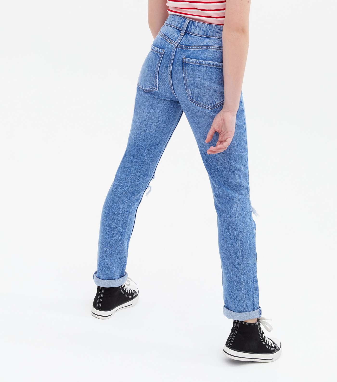 Girls Bright Blue Ripped High Waist Slim Fit Tori Mom Jeans Image 4