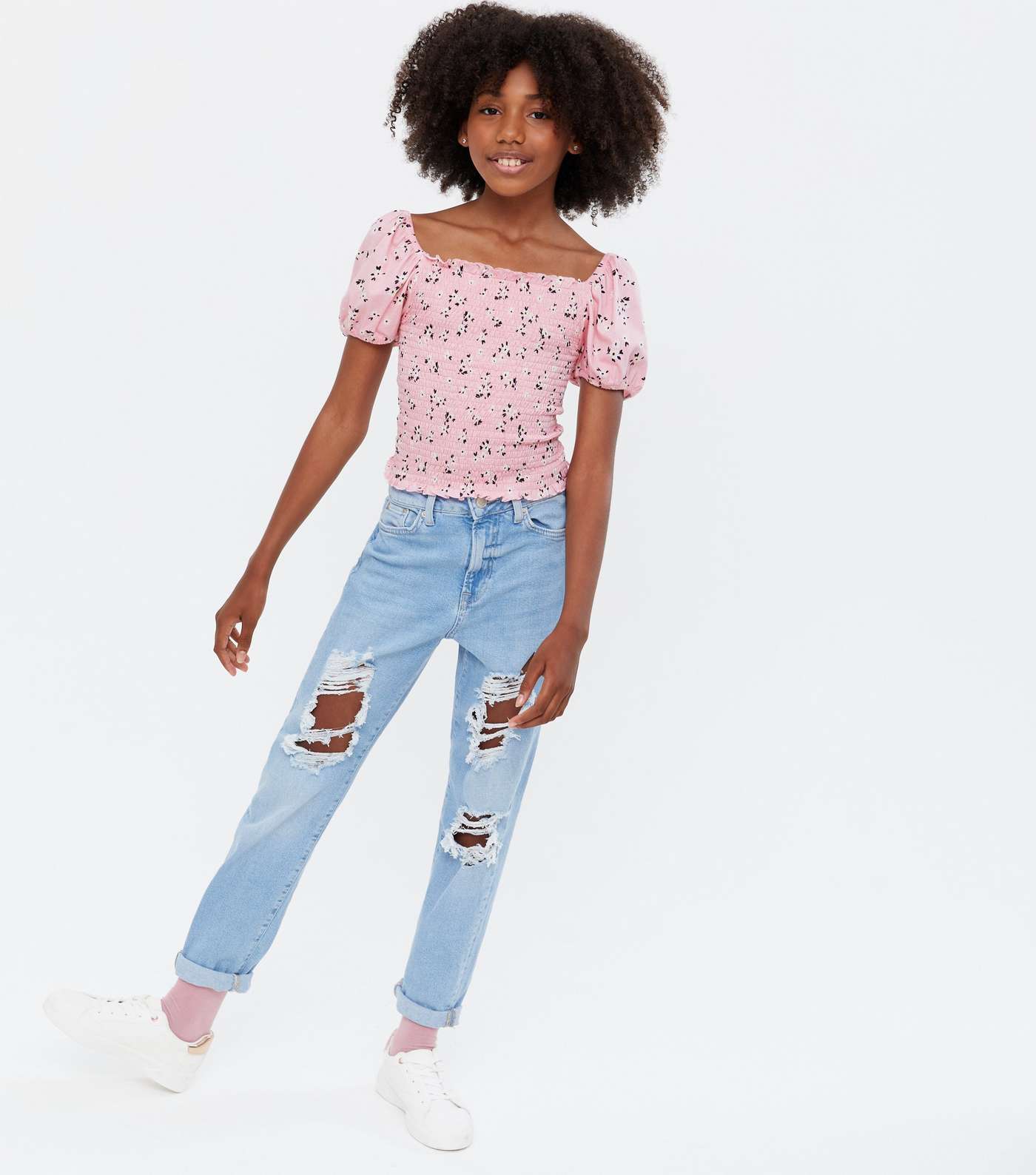 Girls Pink Floral Shirred Puff Sleeve Top Image 2