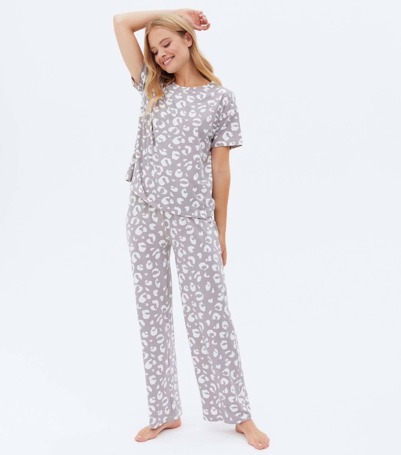 Light Grey Leopard Print Soft Touch Trouser Pyjama Set