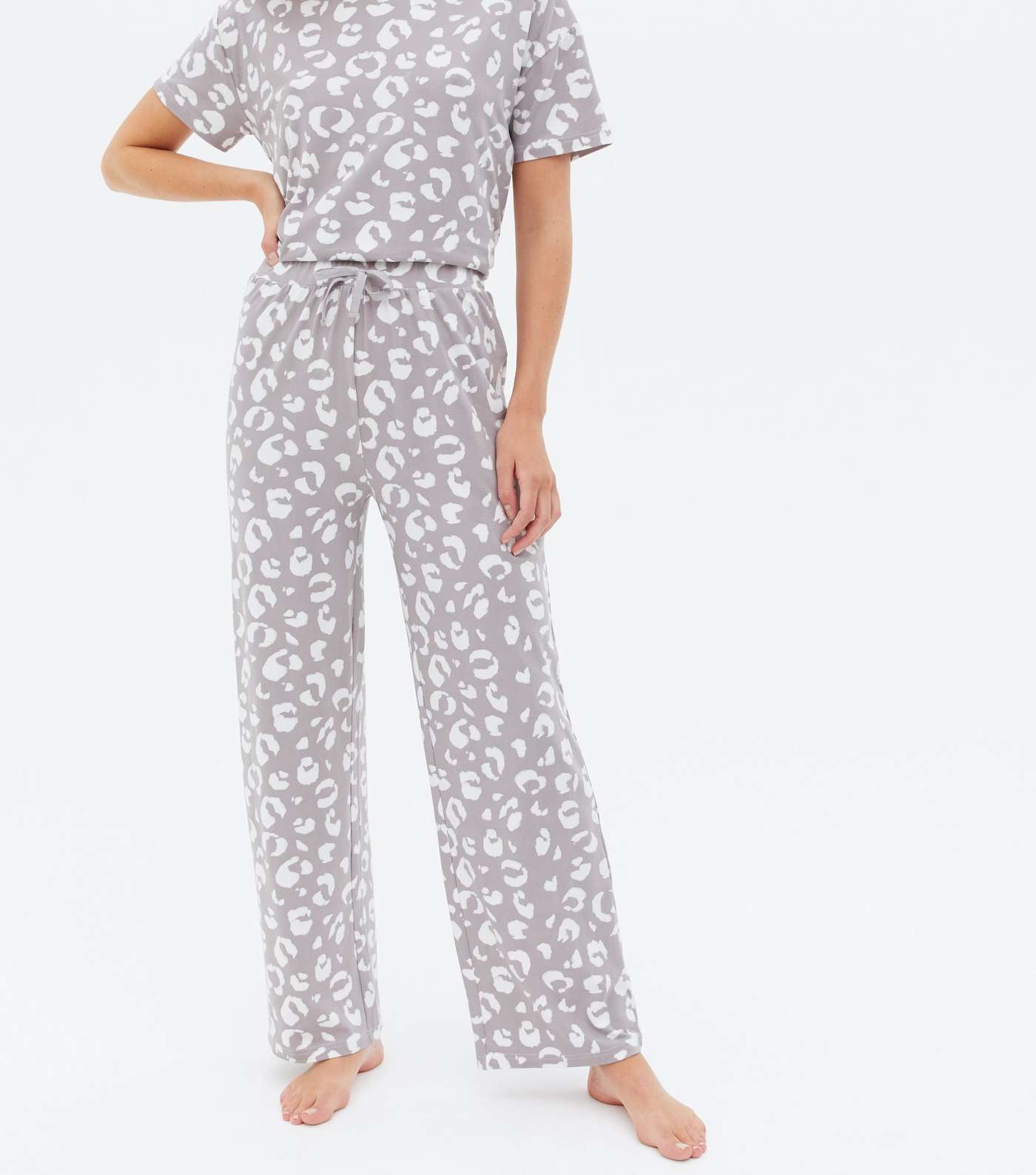 Light Grey Leopard Print Soft Touch Trouser Pyjama Set Image 3