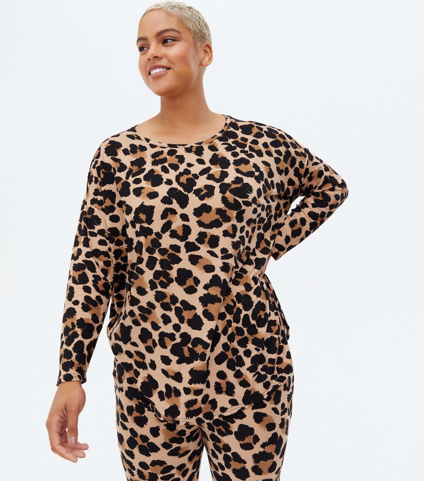 Curves Brown Leopard Print Soft Touch Legging Pyjama Set Image 2