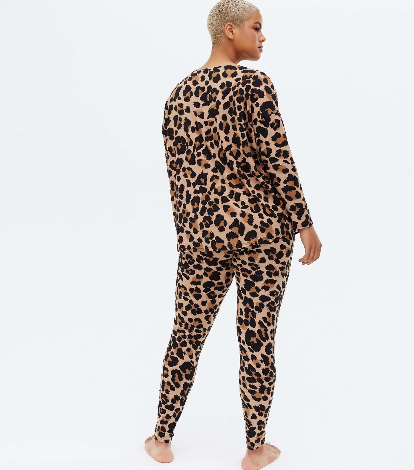 Curves Brown Leopard Print Soft Touch Legging Pyjama Set Image 4