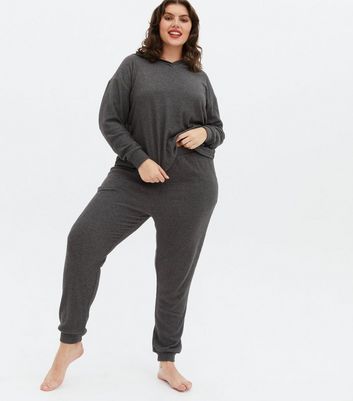 Curves Dark Grey Ribbed Pyjama Hoodie New Look