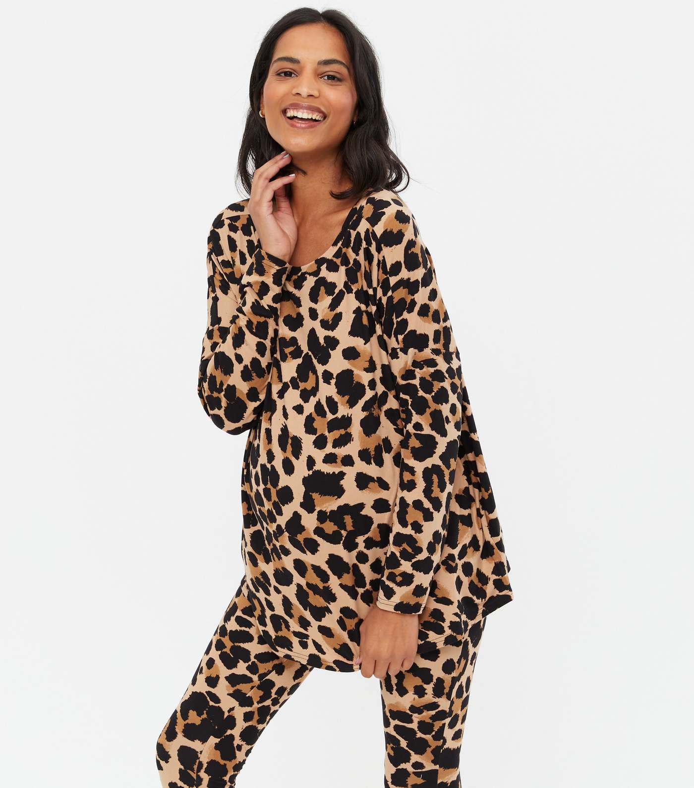 Maternity Brown Leopard Print Soft Touch Legging Pyjama Set Image 2