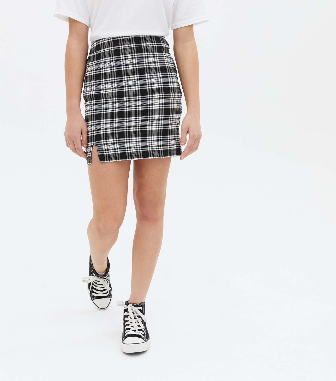 Girls Black Check High Waist Split Mini Skirt Image 2