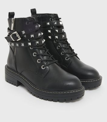 Black Stud Lace Up Chunky Biker Boots New Look