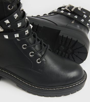 Black Stud Lace Up Chunky Biker Boots New Look