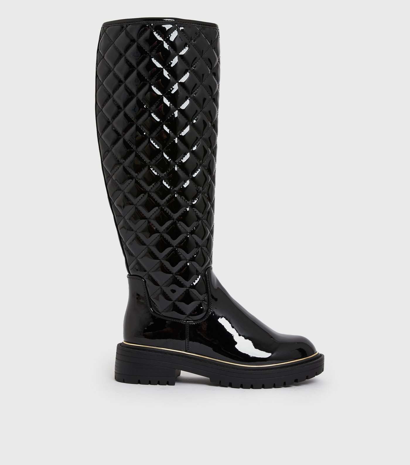 Black Quilted Patent Knee High Chunky Boots