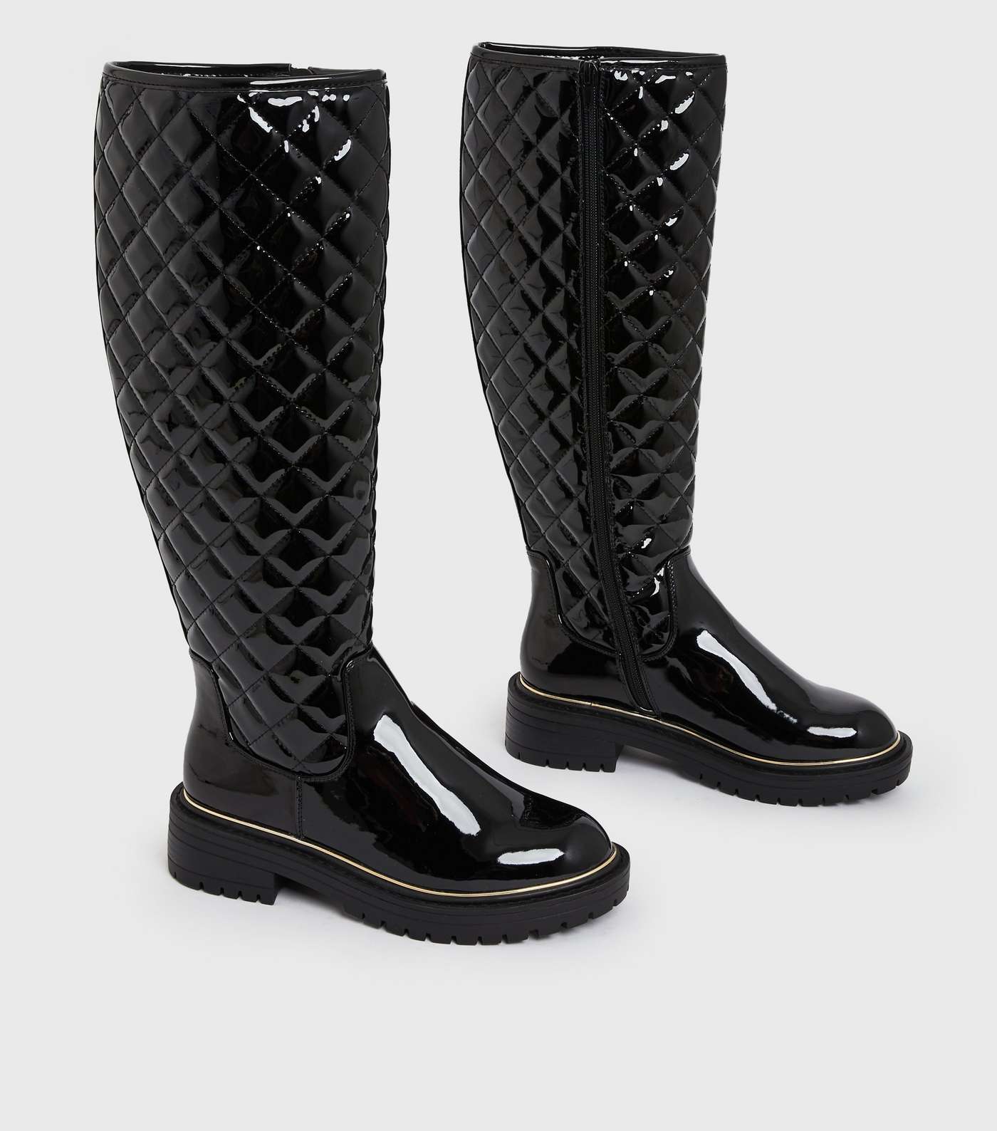 Black Quilted Patent Knee High Chunky Boots Image 3