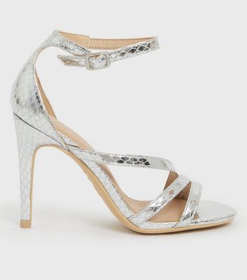 London Rebel Silver Faux Leather Strappy Stiletto Heels | New Look