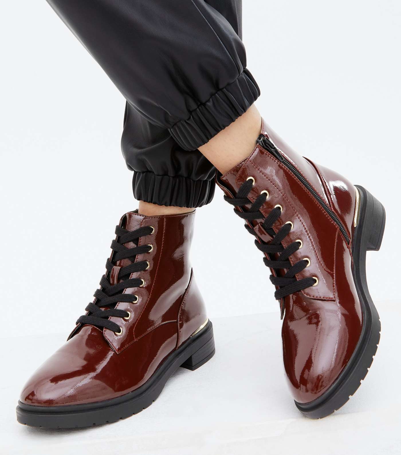 Wide Fit Dark Red Patent Metal Trim Chunky Boots Image 2