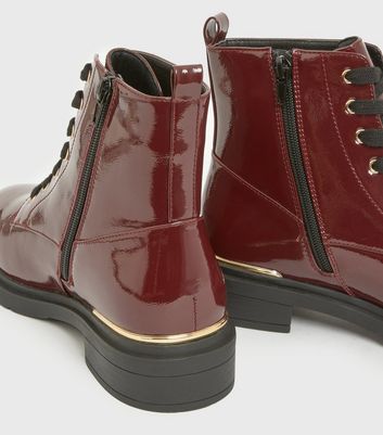shop for Wide Fit Dark Red Patent Metal Trim Chunky Boots New Look Vegan at Shopo